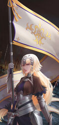  absurdres armor blonde_hair chains cloud cloudy_sky commentary_request fate/grand_order fate_(series) female flag gauntlets grey_eyes headpiece highres jeanne_d&#039;arc_(fate) jeanne_d&#039;arc_(ruler)_(fate) long_hair looking_at_viewer outdoors photoshop_(medium) planted planted_spear planted_sword polearm sheath sheathed sky solo spear standing sword weapon yizhibao 