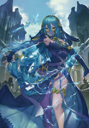  absurdres armor armpits azura_(fire_emblem) azura_(performing_arts)_(fire_emblem) bare_shoulders blue_bow blue_dress blue_gloves blue_hair bow breasts building closed_mouth cloud commentary_request day dress elbow_gloves feet_out_of_frame female fingerless_gloves fire_emblem fire_emblem_fates fire_emblem_heroes gloves green_eyes hair_between_eyes hair_tubes hairband highres hydrokinesis knight long_hair looking_at_viewer low-tied_long_hair mag_(huangmag) md5_mismatch medium_breasts outdoors outstretched_arms pantyhose photoshop_(medium) purple_legwear revision see-through single_leg_pantyhose single_thighhigh smile solo_focus spread_arms thigh_strap thighhighs v-shaped_eyebrows veil very_long_hair water 