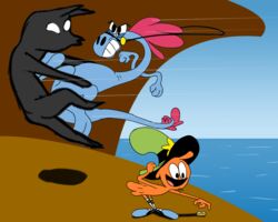  5:4 ambiguous_gender angry anthro bridle disney female feral fight group hi_res male outside reins sea sylvia_(wander_over_yonder) unknown_species vinoda wander wander_over_yonder water zbornak 