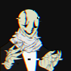  1:1 2017 5_fingers absurd_res animated_skeleton animusky black_and_white black_background black_clothing bone bust_portrait chromatic_aberration clothed clothing digital_media_(artwork) english_text fingers front_view gaster glitch hi_res humanoid humanoid_hands icon male monochrome monotone_clothing monotone_scarf multicolored_clothing not_furry portrait scarf signature simple_background skeleton smile solo text two_tone_clothing undead undertale undertale_(series) white_clothing white_scarf 