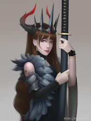  arm_warmers bad_id bad_pixiv_id black_wristband blue_eyes brown_hair commentary_request female grey_background headpiece highres horns jewelry katana long_hair looking_at_viewer original parted_lips peppa_pig peppa_pig_(series) ring sheath sheathed solo standing sword tattoo watermark weapon yizhibao 