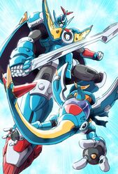  alternate_form blue_background commentary_request mecha mekabuton niiyan no_humans robot simple_background sword time_bokan_(series) time_bokan_24 weapon 