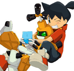  black_hair green_eyes hug hug_from_behind ikki_tenryou medarot medarot medarots metabee nintendo_ds robot smile tenryou_ikki 