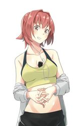  bare_shoulders between_breasts blush breasts brown_eyes cleavage commentary_request digital_media_player earphones female highres ipod ipod_nano jacket kantai_collection kinu_(kancolle) looking_at_viewer medium_breasts midriff negahami red_hair short_hair simple_background smile solo sports_bra unworn_jacket 