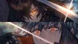  2boys bad_id bad_twitter_id black_gloves black_hair blurry close-up commentary_request depth_of_field duel eye_focus fate/grand_order fate_(series) fingerless_gloves futon_(ftn_7118) glint gloves glowing glowing_eyes grey_hair hair_over_one_eye half-closed_eyes hand_up highres long_hair male_focus multiple_boys okada_izou_(fate) orange_eyes rain saitou_hajime_(fate) sanpaku serious sparks stitched sword wavy_hair weapon 