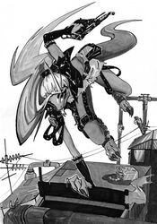  action_pose action_scene aissa alien alien_humanoid anthro clothed clothing dieselpunk elvirarecrud feet female fingers greyscale greyscale_background gun hair handgun hi_res holding_gun holding_object holding_ranged_weapon holding_weapon humanoid illustration ink monochrome painting_(artwork) pose ranged_weapon solo traditional_media_(artwork) watercolor_(artwork) weapon 