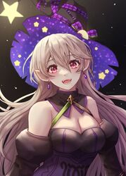  bare_shoulders black_dress breasts cleavage corrin_(female)_(fire_emblem) corrin_(female)_(halloween)_(fire_emblem) corrin_(fire_emblem) detached_sleeves dress earrings female fire_emblem fire_emblem_fates fire_emblem_heroes hair_between_eyes halloween halloween_costume hat highres jewelry long_hair looking_at_viewer official_alternate_costume open_mouth pochaimo pointy_ears red_eyes solo star_(symbol) teeth twitter_username upper_body white_hair witch witch_hat 