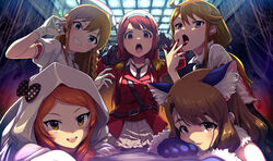  5girls animal_ears belt black_gloves blood bloody_handprints blue_eyes bow brown_eyes brown_hair cat_ears cat_girl epaulettes fangs gloves hairband halloween_costume handprint hat highres hood idolmaster idolmaster_million_live! idolmaster_million_live!_theater_days kousaka_umi long_hair looking_at_viewer military military_uniform miyao_miya multiple_girls necktie nurse nurse_cap ogami_tamaki open_mouth orange_eyes orange_hair parted_lips pov red_hair smile syringe tanaka_kotoha tokoro_megumi uniform wanoji white_gloves 