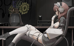  beyerdynamic black_dress black_footwear black_gloves breasts brown_eyes brown_hair chair chaise_longue commission dress female flower frilled_sleeves frills garter_straps genek gloves head_rest headphones indoors large_breasts looking_ahead maid maid_headdress original recording_studio sideboob skeb_commission solo sunflower thighhighs thighs white_thighhighs 