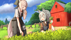  2girls ^_^ ame. apron arknights blonde_hair carol_(arknights) carrot choker closed_eyes commentary day farm farming fence grani_(arknights) grey_hair highres long_hair multiple_girls outdoors overalls ponytail sky tree 