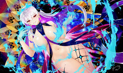  bare_shoulders blue_fire blue_hair blush body_markings bracelet breasts earrings fate/grand_order fate_(series) female fire flower hair_flower hair_ornament hair_ribbon highres jewelry kama_(fate) kama_(swimsuit_avenger)_(fate) kama_(swimsuit_avenger)_(third_ascension)_(fate) large_breasts long_hair looking_at_viewer lotus multicolored_hair navel obiwan red_eyes revealing_clothes ribbon solo star_(symbol) star_earrings thighs two-tone_hair white_hair 