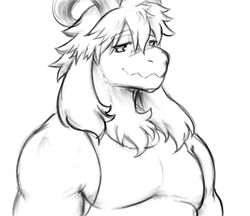  animal_humanoid anthro bovid bovid_humanoid caprine clothing dragon_island dynogreeno fur hair humanoid hybrid katsushika_yoshihide male mammal mammal_humanoid messy_hair monochrome pecs shirt smile solo tank_top topwear white_body 