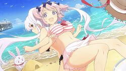  2girls :d beach bikini bird black_bikini black_ribbon blue_eyes blue_sky blush boat breasts cloud commentary_request day eyepatch frilled_bikini frills hair_ornament hair_ribbon hat hibari_(senran_kagura) highres large_breasts long_hair looking_at_viewer md5_mismatch multiple_girls navel ninto_(senran_kagura) ocean official_art open_mouth outdoors pier pink_bikini pink_hair pink_stripes rabbit red_eyes red_scarf resolution_mismatch ribbon scarf seagull senran_kagura senran_kagura_new_link shore short_hair short_twintails shuriken sky smile source_smaller straw_hat sun_hat swimsuit symbol-shaped_pupils twintails waifu2x water watercraft weapon white_hair yaegashi_nan yagyu_(senran_kagura) 