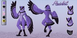  2:1 absinthe_(vixennation) absurd_res animal_mask anthro avian beak beak_mask bird black_eyes claws feather_hands feathers female hi_res horned_owl lambofanubis mask model_sheet neck_tuft on_one_leg owl purple_body raised_arm raised_leg solo standing tail tail_feathers text true_owl tuft winged_arms wings yellow_sclera 