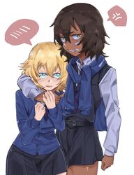  2girls absurdres andou_(girls_und_panzer) anger_vein arm_around_neck bandaid bandaid_on_face bc_freedom_school_uniform black_dress black_hair blonde_hair blue_cardigan blue_eyes blue_neckwear blush brown_eyes cardigan commentary dark-skinned_female dark_skin diagonal-striped_clothes diagonal-striped_necktie dress dress_shirt frown girls_und_panzer grimace highres long_sleeves looking_at_another looking_at_viewer medium_hair messy_hair multiple_girls necktie open_mouth oshida_(girls_und_panzer) pinafore_dress pleated_dress school_uniform shirt short_dress simple_background sleeveless sleeveless_dress spoken_anger_vein spoken_blush standing striped_clothes sweatdrop sweater_around_neck takao_(88499191) white_background white_shirt wing_collar 