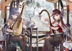  2girls artist_name bare_shoulders black_hair blue_eyes breasts brown_eyes brown_pantyhose censer chair china_dress chinese_clothes cleavage closed_eyes closed_mouth dress earrings fu_hua fu_hua_(azure_empyrea) holding holding_instrument hollyyn honkai_(series) honkai_impact_3rd instrument jewelry li_sushang long_hair looking_at_viewer multiple_girls pantyhose ponytail sitting sleeveless sleeveless_dress smile smoke table vase white_dress 