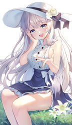  :d bare_arms bare_shoulders blue_eyes blue_skirt blush bow breasts center_frills collared_shirt feet_out_of_frame female flower frilled_shirt frilled_skirt frills grass greenapple grey_hair hand_on_own_face hat hat_flower highres long_hair looking_at_viewer medium_breasts open_mouth original outstretched_hand plant rose shirt shirt_tucked_in sideboob sidelocks sitting skirt sleeveless sleeveless_shirt smile solo sun_hat taut_clothes taut_shirt teeth thighs upper_teeth_only white_background white_bow white_flower white_hat white_rose white_shirt 