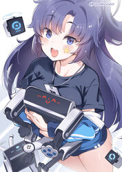  black_shirt blue_archive blue_jacket blush breasts doodle_sensei_(blue_archive) female highres jacket long_hair looking_at_viewer medium_breasts official_alternate_costume open_mouth parted_bangs ponytail purple_eyes purple_hair robot sensei_(blue_archive) shirt smile solo star_sticker sticker_on_face super_zombie thighs track_jacket yuuka_(blue_archive) yuuka_(track)_(blue_archive) 