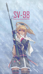  badge blonde_hair bolt_action female fingerless_gloves girls&#039;_frontline gloves gun hair_ornament highres holding long_hair long_sleeves photoshop_(medium) ponytail red_eyes rifle ronnie_choy scarf sleeves_rolled_up sniper_rifle snow solo standing sv-98 sv-98_(girls&#039;_frontline) thighhighs upper_body weapon 