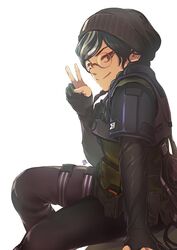  beanie black_gloves black_hair black_pants braid commentary dokkaebi_(rainbow_six_siege) edich elbow_gloves female glasses gloves hat long_hair looking_at_viewer pants partially_fingerless_gloves police police_uniform policewoman rainbow_six_siege simple_background smile solo twin_braids uniform white_background 