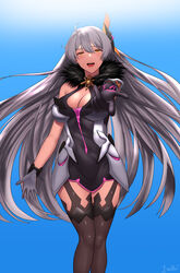  1nilla&#039; :d absurdres asymmetrical_gloves black_footwear black_gloves blue_sky boots breasts cleavage dress female gloves hair_ornament highres honkai_(series) honkai_impact_3rd kiana_kaslana kiana_kaslana_(herrscher_of_the_void) long_hair looking_at_viewer mismatched_gloves open_mouth outdoors sky smile solo thigh_boots thighhighs white_dress white_gloves white_hair yellow_eyes 