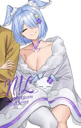  1boy ^_^ absurdres blue_eyes blue_hair breasts cleavage closed_eyes collarbone commission elira_pendora elira_pendora_(2nd_costume) english_commentary famelira_(elira_pendora) female fur_trim grey_kimono hair_over_one_eye head_wings highres holding_another&#039;s_arm japanese_clothes kimono medium_breasts mole nijisanji nijisanji_en nillith official_alternate_costume one_eye_covered sitting smile solo_focus straight virtual_youtuber white_background wings 