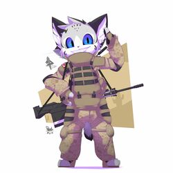  1:1 2017 3_toes ambiguous_gender anthro armor black_ears black_markings black_pawpads black_sclera black_spots black_tail blue_eyes body_armor bottomwear bullpup_rifle cactus camo camo_bottomwear camo_clothing camo_pants camo_print canadian_flag clenched_teeth clothing cute_fangs dated digital_media_(artwork) english_text feet felid feline fingerless_gloves front_view fur furgonomics gesture gloves grey_body grey_fur grey_tail gun hand_on_hip handwear hi_res knee_pads logo looking_at_viewer lynx magazine_(gun) male_(lore) mammal maple_leaf markings military_uniform multicolored_body multicolored_fur multicolored_tail pants pattern_bottomwear pattern_clothing pattern_pants pawpads plant pose pouches presto_(artist) pupils ranged_weapon rifle signature silencer simple_background smile solo spots spotted_markings standing straps striped_markings stripes tail tan_bottomwear tan_clothing tan_pants teeth text toes uniform verk_(presto) weapon white_background white_body white_fur 