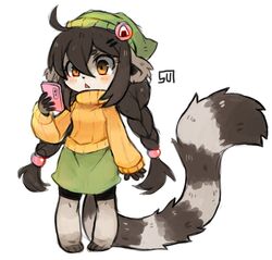  :&lt; :o ahoge animal_nose beanie bike_shorts black_shorts blush body_fur braid breasts brown_eyes brown_fur brown_hair english_commentary female furry furry_female green_skirt grey_fur hair_between_eyes hair_ornament hairclip hat holding holding_phone lemur lemur_ears lemur_girl lemur_tail long_hair long_tail looking_at_phone medium_breasts noemi_(sui_(suizilla)) onigiri_print orange_sweater original phone ribbed_sweater ring-tailed_lemur shorts signature simple_background skirt solo standing striped_tail sui_(suizilla) sweater tail twin_braids white_background 