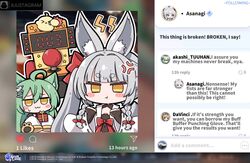  2girls ahoge akashi_(azur_lane) anger_vein animal_ear_fluff animal_ears asanagi_(azur_lane) azur_lane black_sailor_collar blunt_bangs blurry blurry_background blush_stickers bow box braid breasts breasts_apart chibi cleavage_cutout closed_mouth clothing_cutout commentary copyright_name covered_navel english_commentary english_text gift gift_box green_hair grey_hair hair_intakes hair_ornament hair_ribbon hairbow hairclip hands_up highres holding holding_gift leonardo_da_vinci_(azur_lane) long_hair long_sleeves looking_at_viewer low_twin_braids multiple_girls nejikirio no_nose official_art pout red_bow ribbon sailor_collar second-party_source short_eyebrows sleeves_past_fingers sleeves_past_wrists thick_eyebrows twin_braids wide_sleeves yellow_eyes 