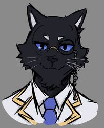  ambiguous_gender anthro black_body black_fur blue_eyes blue_necktie clothing dynogreeno eyewear felid feline fur grey_background hi_res male mammal monocle necktie simple_background small_eyebrows smile solo topwear whiskers white_clothing white_topwear 