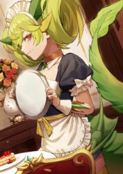  apron black_dress brown_eyes brown_flower brown_rose chair closed_mouth collarbone commentary_request dragon_girl dragon_horns dragon_tail dress duel_monster fagi_(kakikaki) female flower food food_on_face frilled_apron frills from_side green_hair highres holding holding_tray horns indoors looking_at_viewer looking_to_the_side maid_headdress parlor_dragonmaid puffy_short_sleeves puffy_sleeves red_flower red_rose rose short_sleeves solo standing table tail tail_raised tray waist_apron white_apron wrist_cuffs yellow_flower yellow_rose yu-gi-oh! 