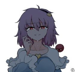  alternate_breast_size blouse blue_shirt blush breasts commentary_request eyeball female frilled_sleeves frills hair_between_eyes hairband heart highres komeiji_satori long_sleeves looking_at_viewer medium_breasts medium_hair purple_hair red_eyes scavia10 shirt simple_background solo tears third_eye touhou upper_body white_background wide_sleeves 