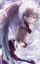  bad_id bad_twitter_id beige_shirt bow bowtie brown_eyes cloud_background collared_shirt commentary covering_own_mouth feathered_wings feathers female grey_hair hair_between_eyes highres kishin_sagume long_sleeves one-hour_drawing_challenge oudondk purple_skirt red_bow red_bowtie shirt short_hair single_wing skirt solo touhou white_wings wings 