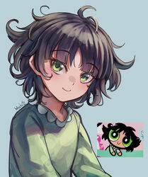  black_hair blush buttercup_(ppg) buttercup_redraw_challenge_(meme) collar derivative_work female frilled_collar frills green_eyes green_pajamas highres long_sleeves looking_at_viewer meme pajamas powerpuff_girls reference_inset screenshot_inset screenshot_redraw shadow short_hair signature smile solo wszkii 