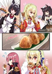  4girls ? animal_ear_fluff animal_ears apron azur_lane bare_shoulders black_cape black_dress black_hair blonde_hair blue_eyes bra breasts brown_bra brown_kimono buttons cape cleavage commentary_request double-breasted dress duke_of_york_(azur_lane) eating epaulettes food gold_trim holding holding_food jacket japanese_clothes kimono king_george_v_(azur_lane) large_breasts long_hair medium_breasts micchi_(umatankita) multiple_girls official_alternate_costume onigiri pink_hair pointy_ears red_eyes red_jacket short_hair sideboob sideless_kimono sleeveless sleeveless_dress strapless strapless_dress underwear white_apron wide_sleeves yamashiro_(azur_lane) yamashiro_(sales_clerk_offensive?!)_(azur_lane) yellow_eyes yuugure_(azur_lane) yuugure_(maid-in-training!)_(azur_lane) 