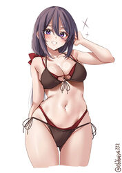  alternate_costume ariake_(kancolle) arm_up bikini breasts brown_bikini cleavage commentary cowboy_shot double_bikini ebifurya female front-tie_bikini_top front-tie_top hair_over_one_eye highres kantai_collection large_breasts layered_bikini long_hair looking_at_viewer navel purple_eyes purple_hair red_bikini ribbon side-tie_bikini_bottom simple_background smile solo stomach swimsuit twitter_username white_background 