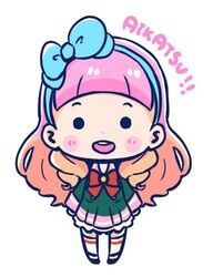  :d aikatsu!_(series) aikatsu_friends! black_footwear blue_bow blue_hairband blush_stickers bow brown_hair chibi commentary_request copyright_name dress female forehead full_body gradient_hair green_dress hairband hairbow long_hair long_sleeves multicolored_hair nozo_(hitomiz) pink_hair pleated_dress shoes simple_background smile solid_circle_eyes solo standing teeth thighhighs upper_teeth_only very_long_hair white_background white_thighhighs yuki_aine 