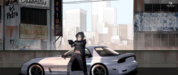  ad aiming angelia_(girls&#039;_frontline) bad_id bad_pixiv_id belt_pouch black_hair black_jacket building car city cityscape day female girls&#039;_frontline gloves gun hair_over_one_eye handgun highres holding holding_gun holding_weapon injury jacket long_jacket mazda_rx-7 mazda_rx-7_fd mechanical_arms mechanical_legs midriff motor_vehicle navel open_clothes open_jacket outdoors pants pouch prosthesis salty_eyes scar sign single_mechanical_arm single_mechanical_leg solo sports_car vehicle_focus weapon 