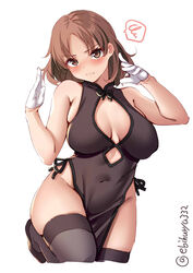  alternate_costume black_dress black_footwear black_thighhighs blush breasts brown_eyes brown_hair china_dress chinese_clothes chiyoda_(kancolle) cleavage cleavage_cutout clothing_cutout commentary_request covered_navel cowboy_shot cropped_legs dress ebifurya female gloves hair_between_eyes half_gloves highres kantai_collection large_breasts lips looking_at_viewer medium_hair one-hour_drawing_challenge pelvic_curtain simple_background solo standing standing_on_one_leg thighhighs twitter_username white_background white_gloves 