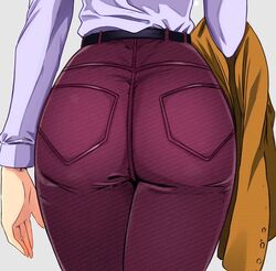  2021 ass ass_focus belt denim female holding holding_clothes jeans long_sleeves pants pocket scryed shirt shirt_tucked_in solo standing terada_ayase tomo0843 white_background white_shirt 