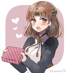  blouse box breasts brown_eyes brown_hair chiyoda_(kancolle) female hatomaru_(hatomaru56) headband japanese_clothes kantai_collection large_breasts looking_at_viewer one-hour_drawing_challenge open_mouth shirt short_hair solo twitter_username two-tone_background upper_body 