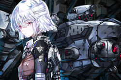  1other 621_(armored_core_6) absurdres armored_core armored_core_6 bandaged_arm bandaged_head bandages battle_damage blunt_bangs commentary_request emblem expressionless female flat_chest from_side greatwhite1122 hair_between_eyes highres loader_4 looking_at_viewer mecha pilot_suit red_eyes robot short_hair skin_tight white_hair 