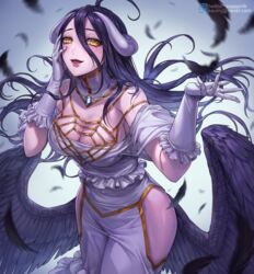  albedo_(overlord) bare_shoulders black_feathers black_hair black_wings box_(hotpppink) breasts cleavage demon_girl demon_horns demon_wings detached_collar dress falling_feathers feathered_wings feathers female gloves hand_on_own_cheek hand_on_own_face hip_vent horns large_breasts low_wings off-shoulder_dress off_shoulder open_mouth overlord_(maruyama) slit_pupils solo white_dress white_gloves white_horns wings yellow_eyes 