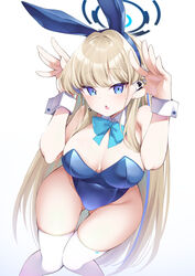  animal_ears ass_visible_through_thighs blonde_hair blue_archive blue_eyes blue_halo blue_leotard bow bowtie breasts detached_collar fake_animal_ears female halo highres kanmuri_(kannmuri0227) large_breasts leotard long_hair looking_at_viewer official_alternate_costume playboy_bunny rabbit_ears solo strapless strapless_leotard thighhighs thighs toki_(blue_archive) toki_(bunny)_(blue_archive) very_long_hair white_background white_thighhighs wrist_cuffs 