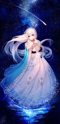  anastasia_(fate) blue_cloak blue_eyes breasts chiachun0621 cloak doll dress fate/grand_order fate_(series) female hairband highres holding holding_doll jewelry large_breasts long_hair looking_at_viewer necklace pendant royal_robe shooting_star solo star_(sky) viy_(fate) white_hair 