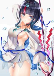  arm_behind_head arm_up bare_shoulders black_hair blue_eyes blue_ribbon blush breasts collarbone dress fate/grand_order fate/requiem fate_(series) female fundoshi gradient_background highres japanese_clothes jewelry large_breasts long_sleeves looking_at_viewer magatama magatama_hair_ornament medium_hair mitsu336 multicolored_hair necklace open_mouth pelvic_curtain pink_hair polearm puffy_long_sleeves puffy_sleeves ribbon seigaiha short_dress sideboob sideless_outfit sidelocks solo spear streaked_hair thighs utsumi_erice water_drop weapon white_dress 