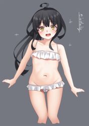  ahoge alternate_costume alternate_hairstyle bikini bikini_skirt black_hair blush collarbone commentary_request cowboy_shot female flat_chest frilled_bikini frills gradient_background grey_background hair_between_eyes highres ishida_arata kantai_collection long_hair looking_at_viewer mikazuki_(kancolle) navel open_mouth ponytail solo sparkle standing stomach swimsuit twitter_username white_bikini 