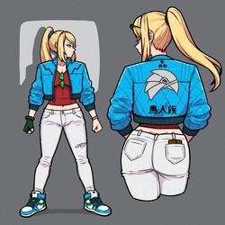  akairiot alternate_costume ass blonde_hair blue_eyes blue_jacket breasts chozo cleavage commentary crop_top cropped_legs denim english_commentary eyewear_hang eyewear_on_head facing_viewer female fingerless_gloves full_body gloves grey_background hands_in_pockets highres jacket jeans long_hair looking_to_the_side metroid metroid_dread midriff multiple_views navel pants ponytail print_jacket profile red_shirt samus_aran shirt shoes sidelocks simple_background single_glove sneakers sunglasses torn_clothes torn_jeans torn_pants unworn_eyewear 