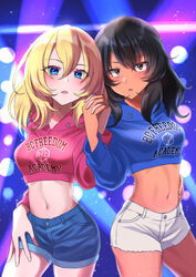  2girls andou_(girls_und_panzer) bc_freedom_(emblem) black_hair blonde_hair blue_eyes brown_eyes crop_top denim denim_shorts emblem girls_und_panzer girls_und_panzer_saishuushou halterneck holding_hands interlocked_fingers long_sleeves medium_hair messy_hair midriff multiple_girls navel oshida_(girls_und_panzer) salt-apple short_shorts shorts sweater yuri 