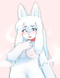  accessory anthro arm_tuft bangs blue_eyes blush blush_lines bodily_fluids breasts canid canine canis collar colored digital_drawing_(artwork) digital_media_(artwork) female female_anthro fur hair inner_ear_fluff kemono long_hair mammal monotone_body monotone_breasts monotone_face monotone_fur monotone_hair naturally_censored nipple_tuft open_mouth pekopon pink_background pink_tongue red_collar red_tongue shaded simple_background solo standing sweat sweatdrop teeth tongue tuft white_body white_ears white_fur white_hair white_inner_ear white_inner_ear_fluff wolf 